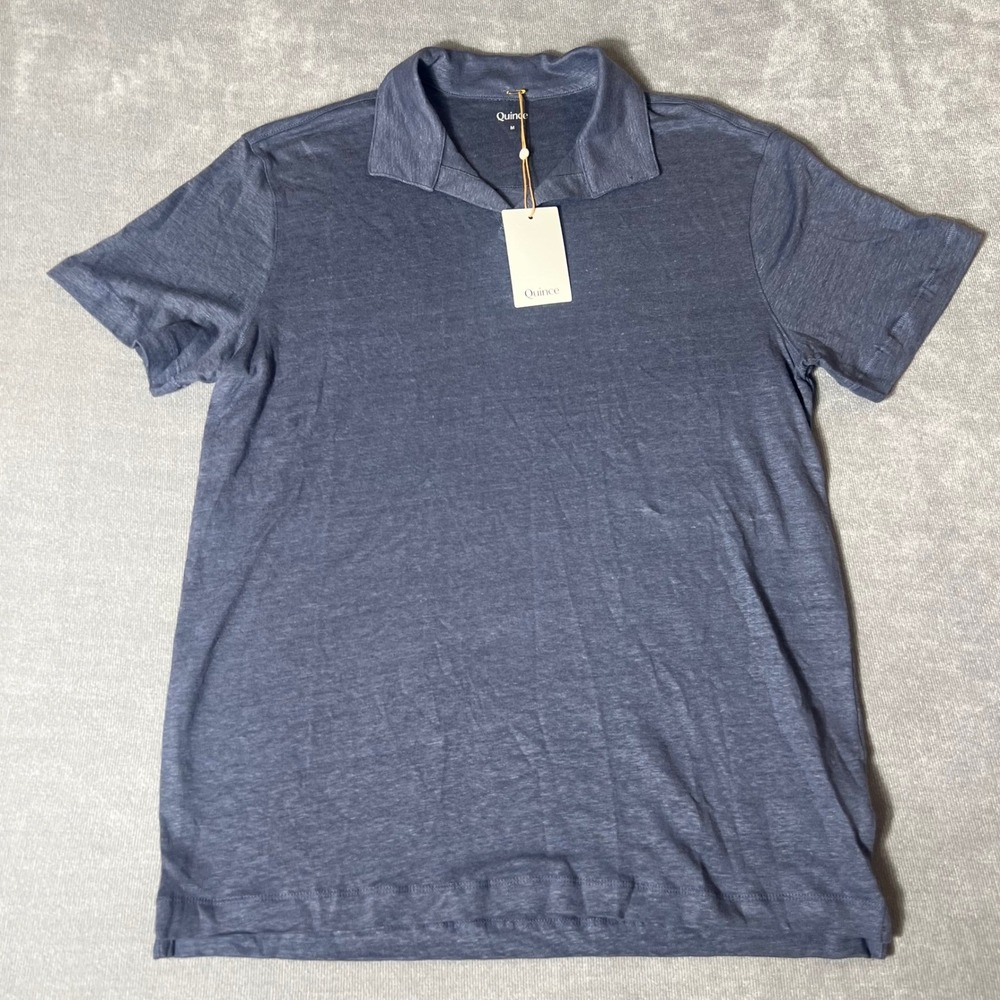 Quince Mens 100% European Linen Short Sleeve Polo Shirt Navy Blue Size M NWT